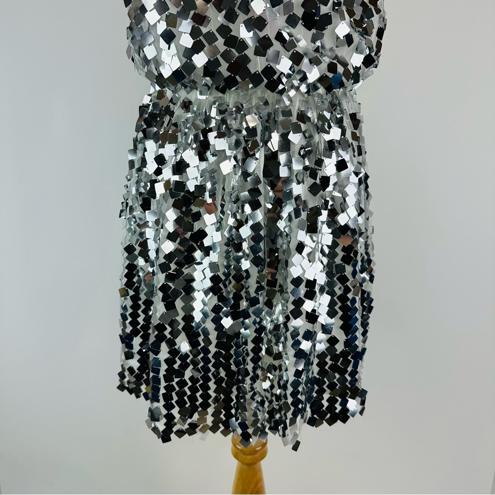 Buddy Love Silver Sequin A-Line Mini Dress with White Tie Straps - Picture 14 of 15